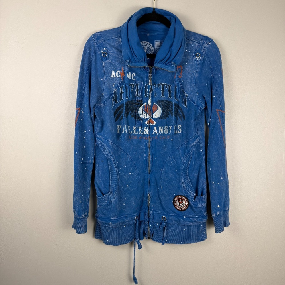 Affliction American Customs Sweater Women's M Blue High-Neck Full Zip Motor Club